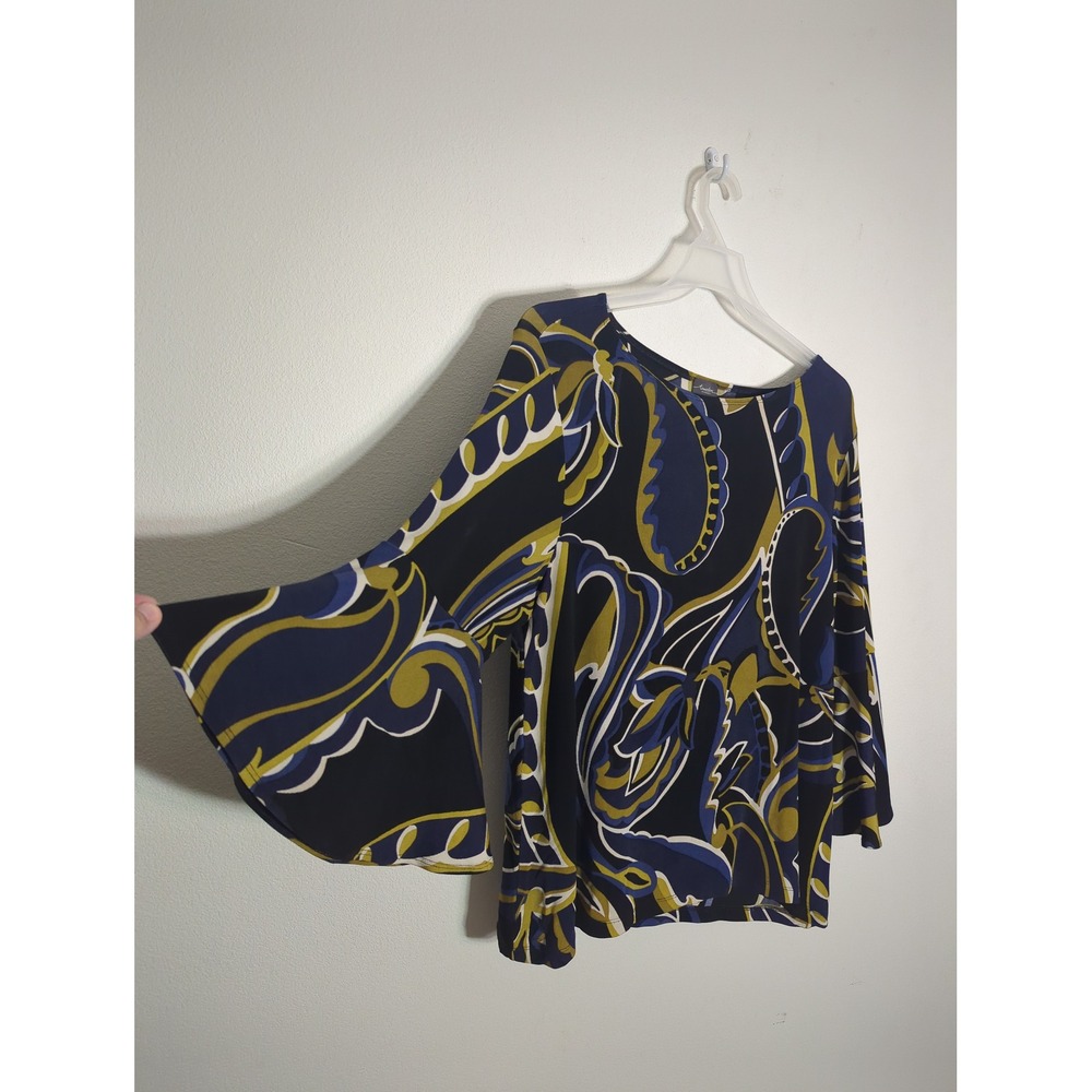 Chicos Travelers Womens Shirt Paisley Bell Sleeve Neutral Quiet Luxury Size 3 16